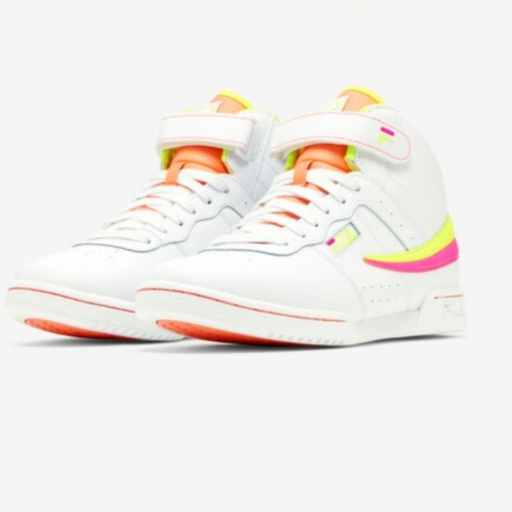 FILA Women's F-13 Hi Top Sneakers-Size 8.5 Women-Like New-White, Neon Yellow,Pnk